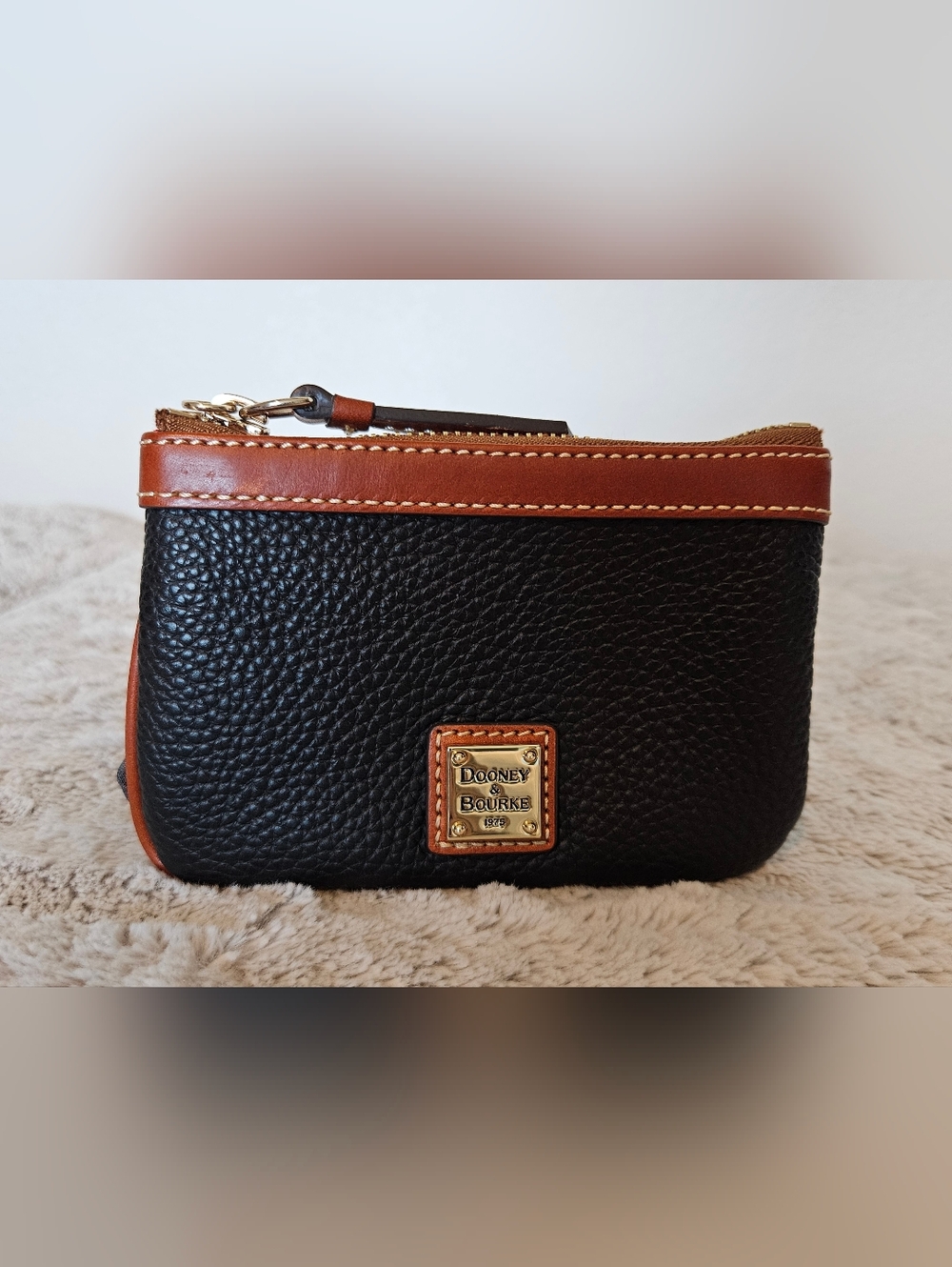 Dooney & Bourke Black Pebble Grain Zip Pouch with Brown Trim